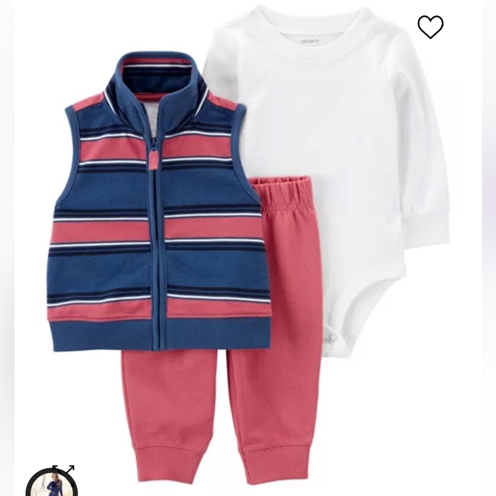 💙NWOT Carters Baby Boys Bodysuit, Pant and Striped Vest, 3 Piece Set
